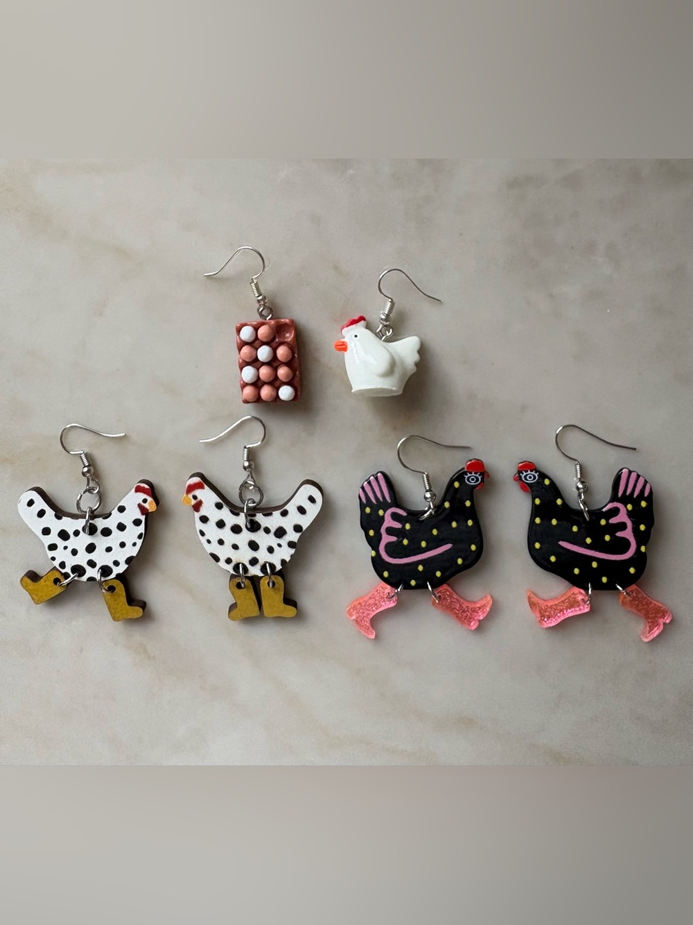 Chicken Dangle Earrings — White, Black & Pink Options 3 Pairs